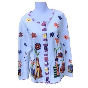 Vintage 90s Colorful Funky Floral Square Button Cardigan size Large